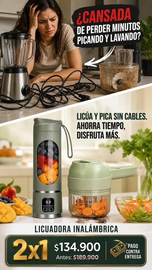 Licuadora Portátil Recargable con Pantalla Digital y Correa + Picadora de Verduras Eléctrica Portátil 4 en 1